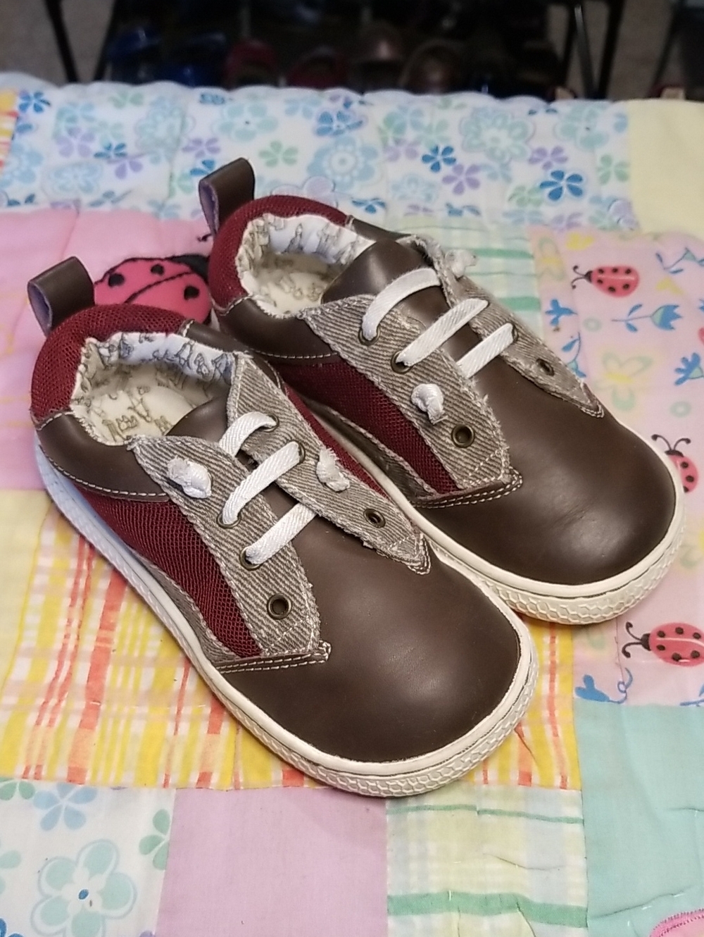 Livie & Luca Brown Leather and Burgundy Kids Sneakers Size 10